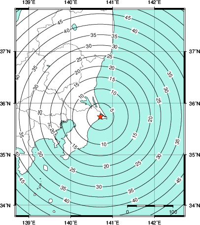 緊急地震速報第1報提供から主要動到達までの時間及び推計震度分布図
