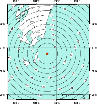 緊急地震速報第1報提供から主要動到達までの時間及び推計震度分布図