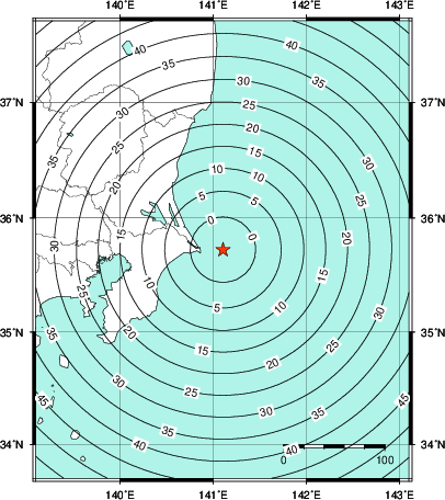 緊急地震速報第1報提供から主要動到達までの時間及び推計震度分布図
