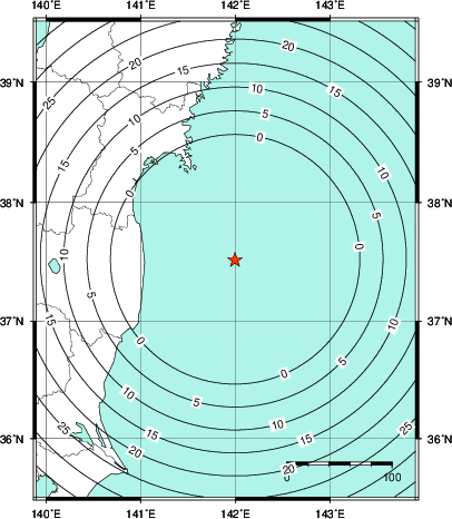 緊急地震速報第1報提供から主要動到達までの時間及び推計震度分布図
