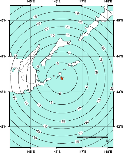 緊急地震速報第1報提供から主要動到達までの時間及び推計震度分布図