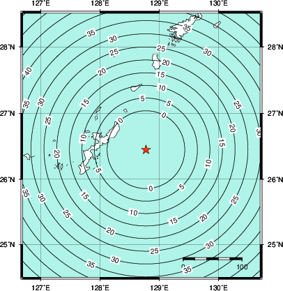 緊急地震速報第1報提供から主要動到達までの時間及び推計震度分布図