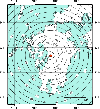 緊急地震速報第1報提供から主要動到達までの時間及び推計震度分布図