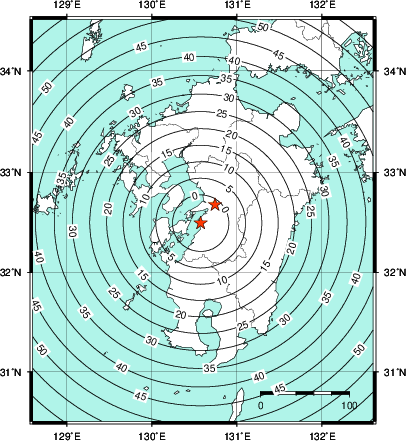 緊急地震速報第1報提供から主要動到達までの時間及び推計震度分布図