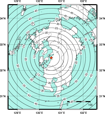 緊急地震速報第1報提供から主要動到達までの時間及び推計震度分布図