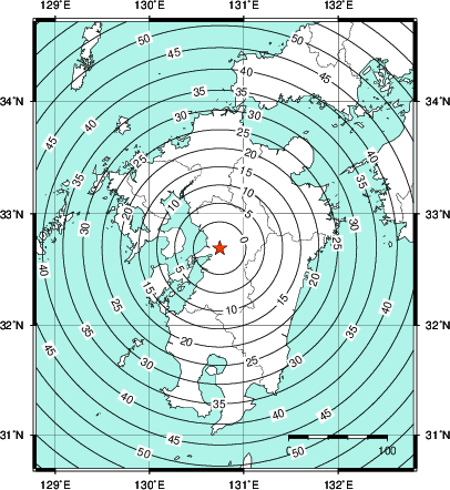 緊急地震速報第1報提供から主要動到達までの時間及び推計震度分布図