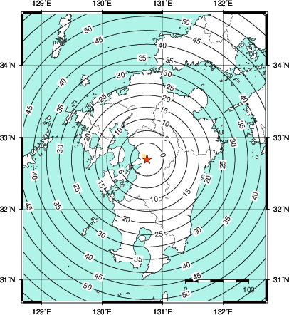 緊急地震速報第1報提供から主要動到達までの時間及び推計震度分布図