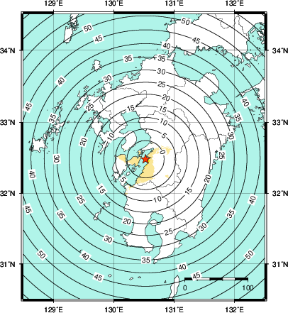 緊急地震速報第1報提供から主要動到達までの時間及び推計震度分布図