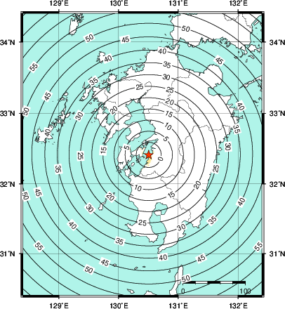 緊急地震速報第1報提供から主要動到達までの時間及び推計震度分布図