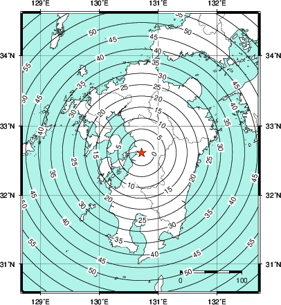 緊急地震速報第1報提供から主要動到達までの時間及び推計震度分布図