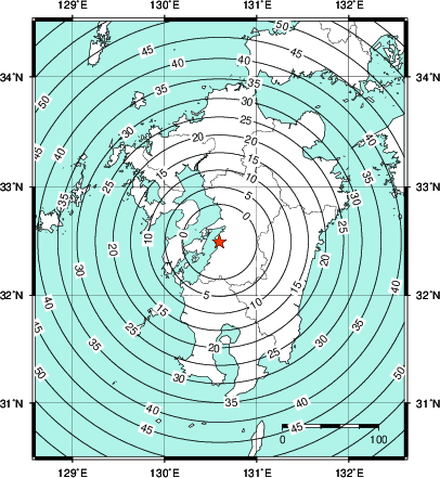 緊急地震速報第1報提供から主要動到達までの時間及び推計震度分布図