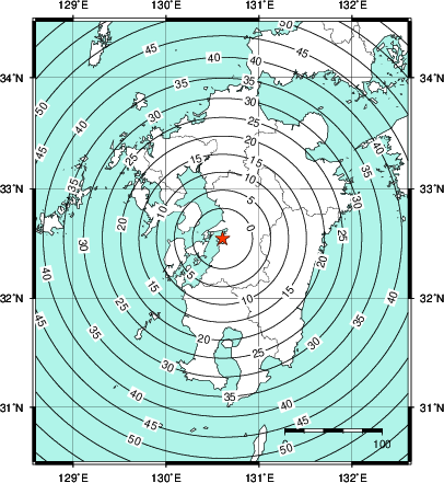 緊急地震速報第1報提供から主要動到達までの時間及び推計震度分布図