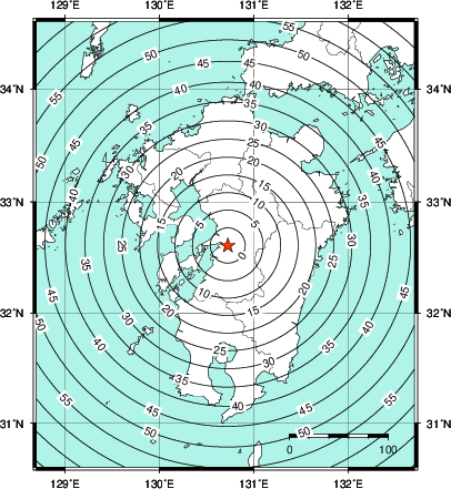緊急地震速報第1報提供から主要動到達までの時間及び推計震度分布図