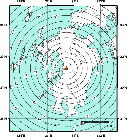 緊急地震速報第1報提供から主要動到達までの時間及び推計震度分布図