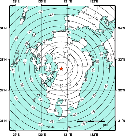 緊急地震速報第1報提供から主要動到達までの時間及び推計震度分布図