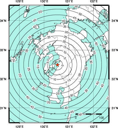 緊急地震速報第1報提供から主要動到達までの時間及び推計震度分布図