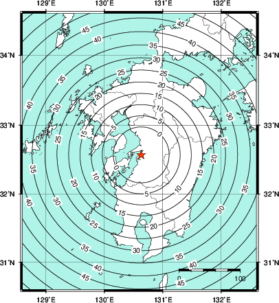 緊急地震速報第1報提供から主要動到達までの時間及び推計震度分布図