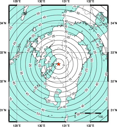 緊急地震速報第1報提供から主要動到達までの時間及び推計震度分布図