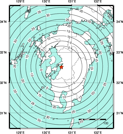 緊急地震速報第1報提供から主要動到達までの時間及び推計震度分布図