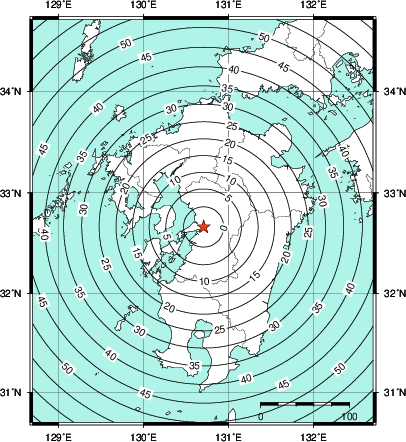 緊急地震速報第1報提供から主要動到達までの時間及び推計震度分布図