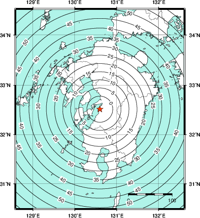 緊急地震速報第1報提供から主要動到達までの時間及び推計震度分布図