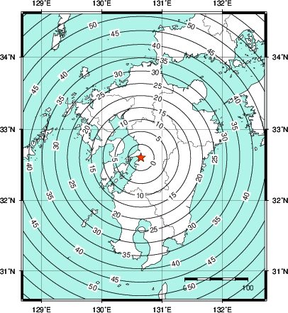緊急地震速報第1報提供から主要動到達までの時間及び推計震度分布図