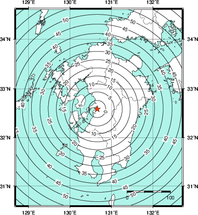 緊急地震速報第1報提供から主要動到達までの時間及び推計震度分布図