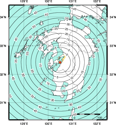 緊急地震速報第1報提供から主要動到達までの時間及び推計震度分布図