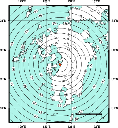 緊急地震速報第1報提供から主要動到達までの時間及び推計震度分布図