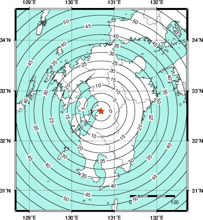 緊急地震速報第1報提供から主要動到達までの時間及び推計震度分布図