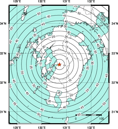 緊急地震速報第1報提供から主要動到達までの時間及び推計震度分布図