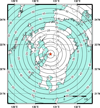 緊急地震速報第1報提供から主要動到達までの時間及び推計震度分布図