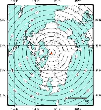 緊急地震速報第1報提供から主要動到達までの時間及び推計震度分布図