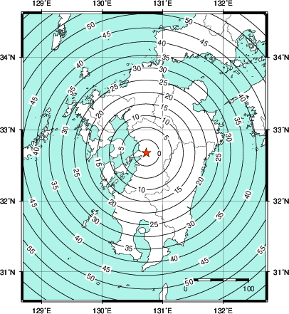 緊急地震速報第1報提供から主要動到達までの時間及び推計震度分布図