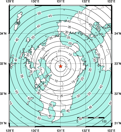 緊急地震速報第1報提供から主要動到達までの時間及び推計震度分布図