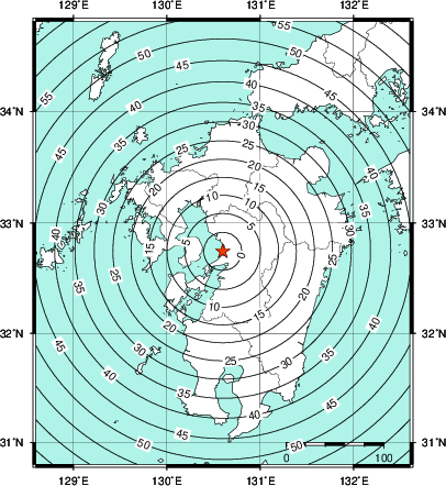 緊急地震速報第1報提供から主要動到達までの時間及び推計震度分布図