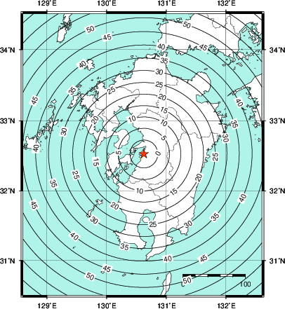 緊急地震速報第1報提供から主要動到達までの時間及び推計震度分布図