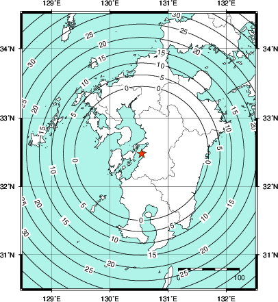 緊急地震速報第1報提供から主要動到達までの時間及び推計震度分布図