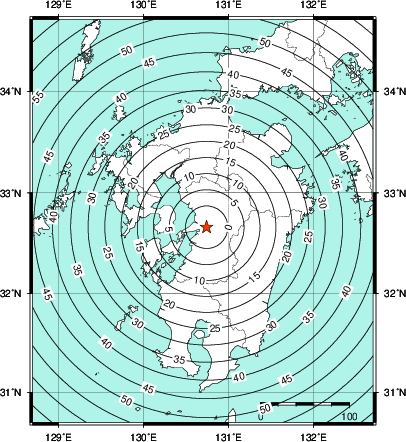 緊急地震速報第1報提供から主要動到達までの時間及び推計震度分布図