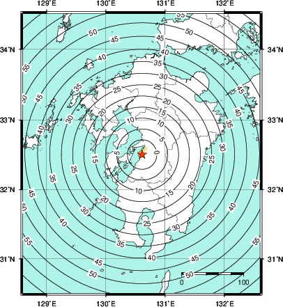 緊急地震速報第1報提供から主要動到達までの時間及び推計震度分布図