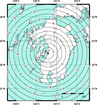 緊急地震速報第1報提供から主要動到達までの時間及び推計震度分布図