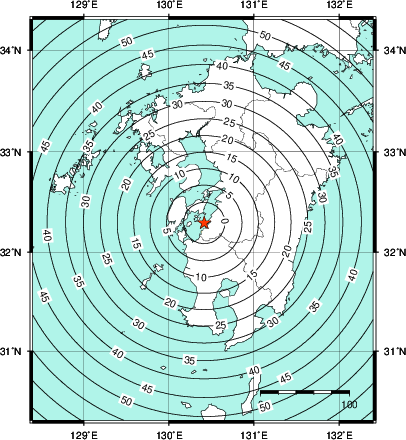 緊急地震速報第1報提供から主要動到達までの時間及び推計震度分布図