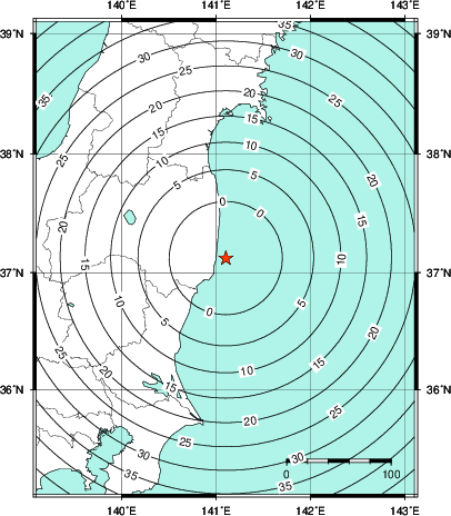 緊急地震速報第1報提供から主要動到達までの時間及び推計震度分布図