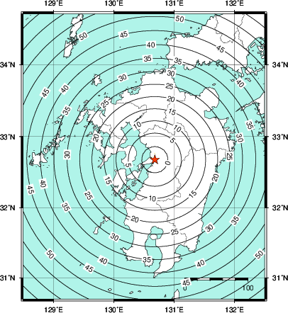 緊急地震速報第1報提供から主要動到達までの時間及び推計震度分布図