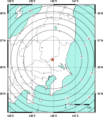 緊急地震速報第1報提供から主要動到達までの時間及び推計震度分布図