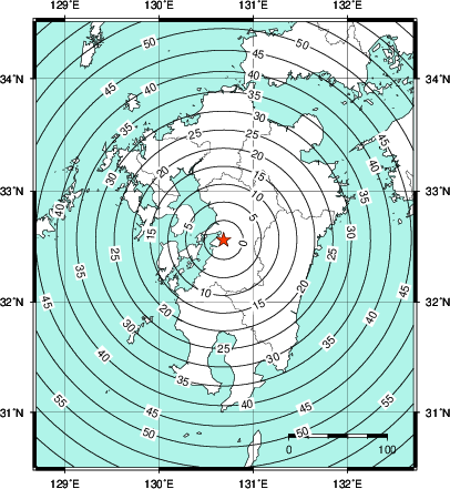 緊急地震速報第1報提供から主要動到達までの時間及び推計震度分布図