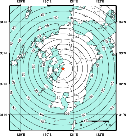 緊急地震速報第1報提供から主要動到達までの時間及び推計震度分布図