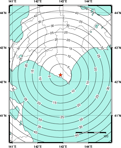 緊急地震速報第1報提供から主要動到達までの時間及び推計震度分布図