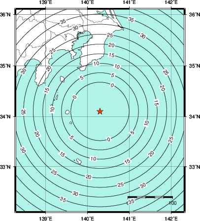 緊急地震速報第1報提供から主要動到達までの時間及び推計震度分布図
