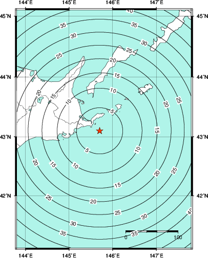 緊急地震速報第1報提供から主要動到達までの時間及び推計震度分布図